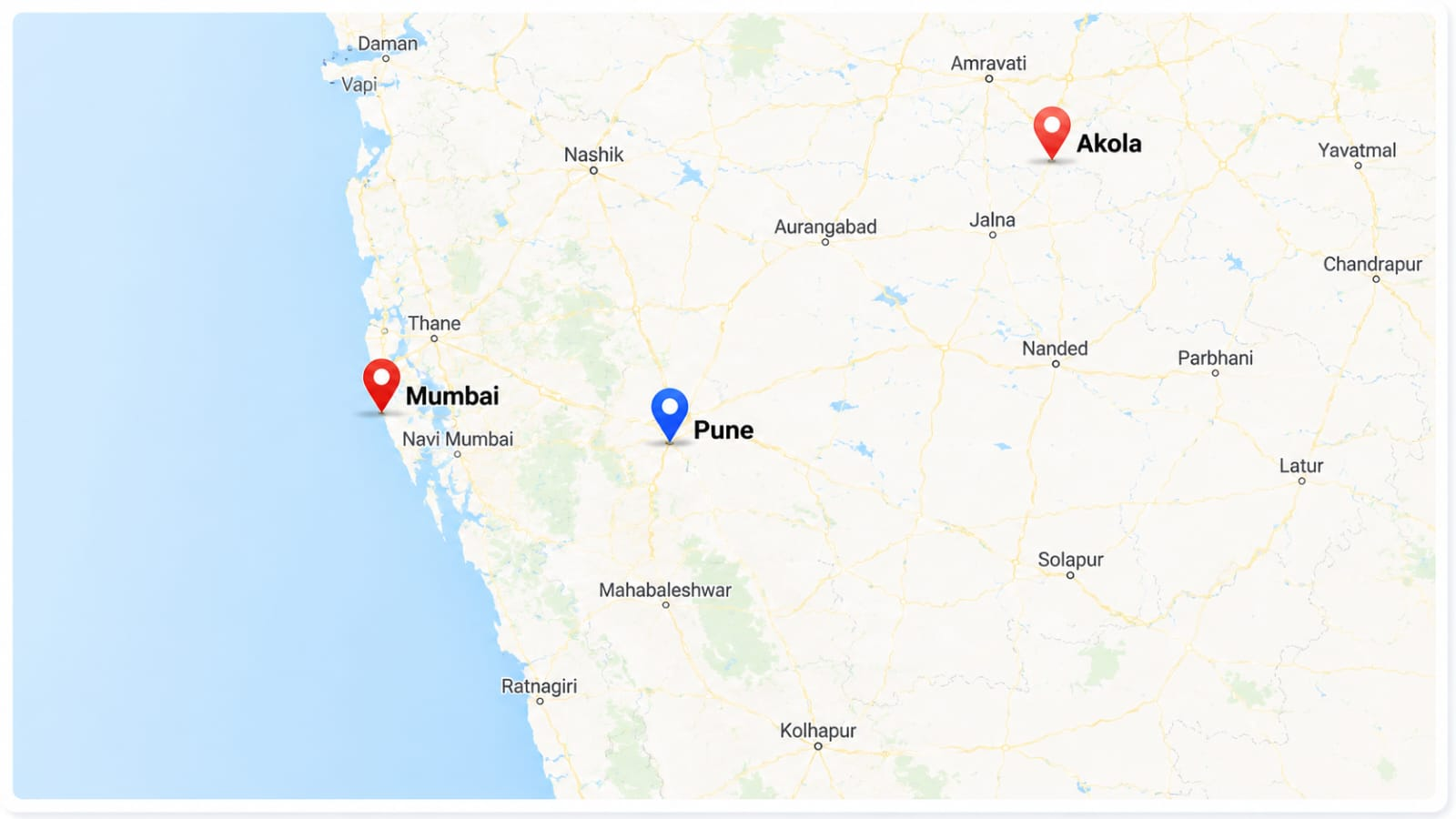Map showing Mumbai, Pune and Akola